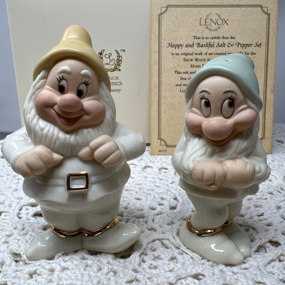 Lenox Disney Snow White Dwarfs Happy & Bashful |  Salt & Pepper Set W/ COA & Box